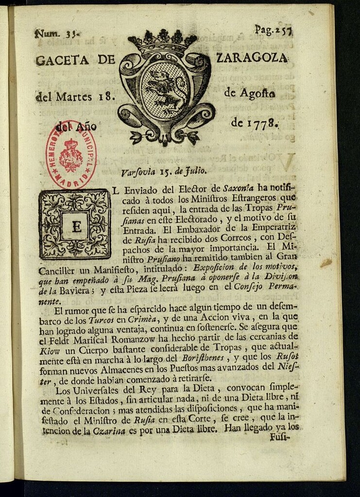 Miniatura de Gazeta de Zaragoza del 18 de agosto de 1778