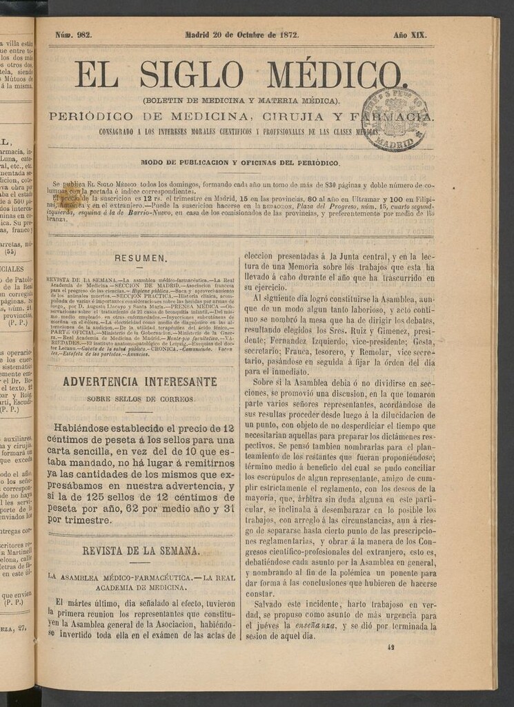 Miniatura de El Siglo Médico: boletín de medicina y gaceta médica del 20 de octubre de 1872