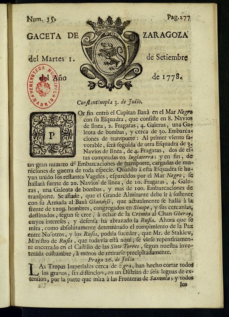 Miniatura de Gazeta de Zaragoza del 1 de septiembre de 1778