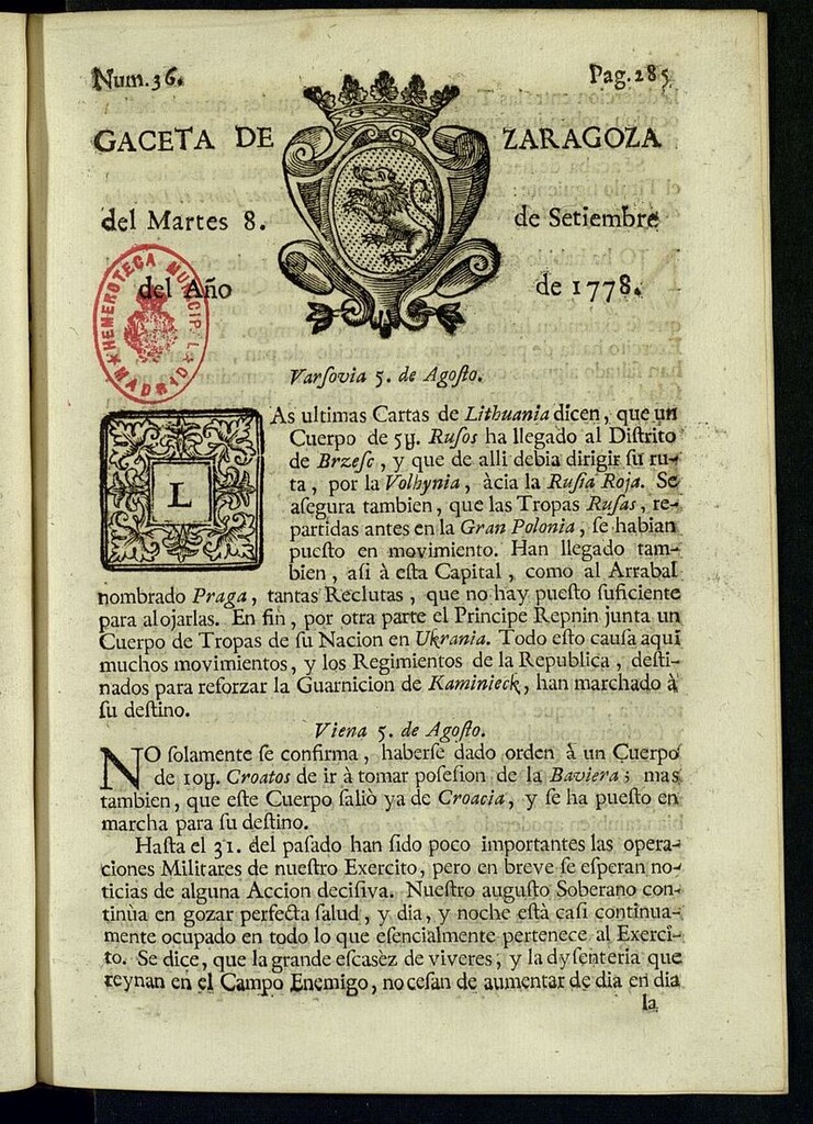 Miniatura de Gazeta de Zaragoza del 8 de septiembre de 1778