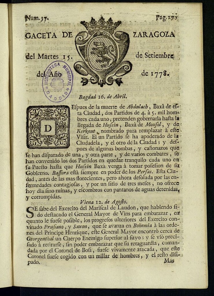 Miniatura de Gazeta de Zaragoza del 15 de septiembre de 1778