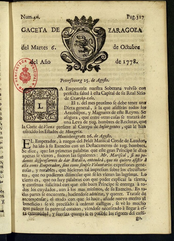Miniatura de Gazeta de Zaragoza del 6 de octubre de 1778