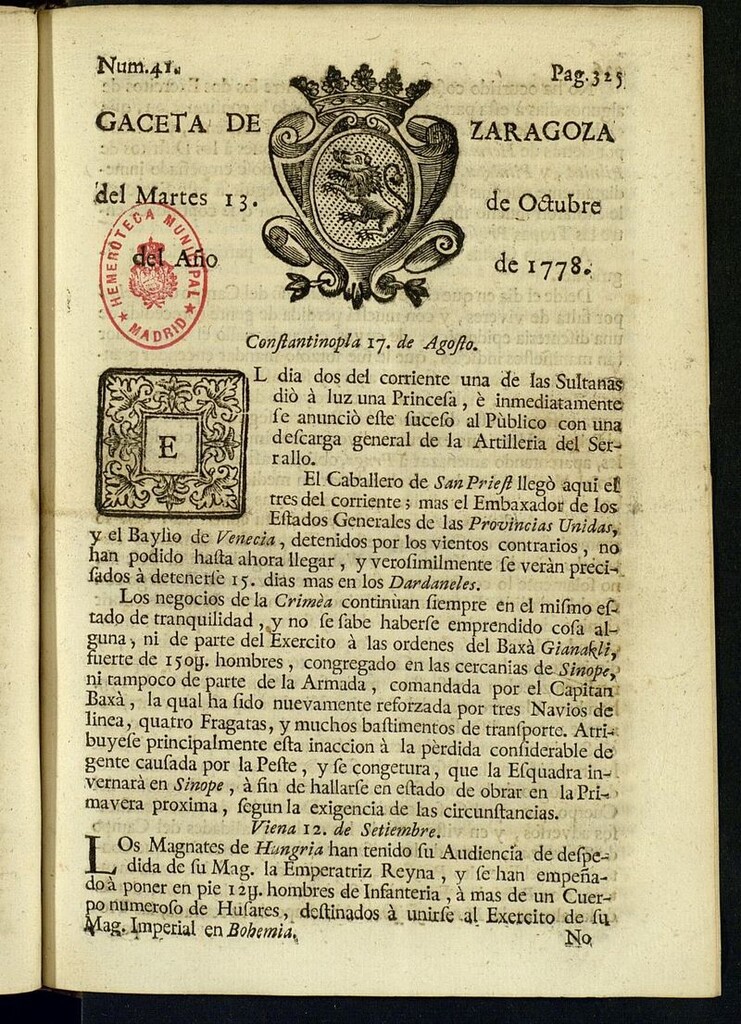 Miniatura de Gazeta de Zaragoza del 13 de octubre de 1778