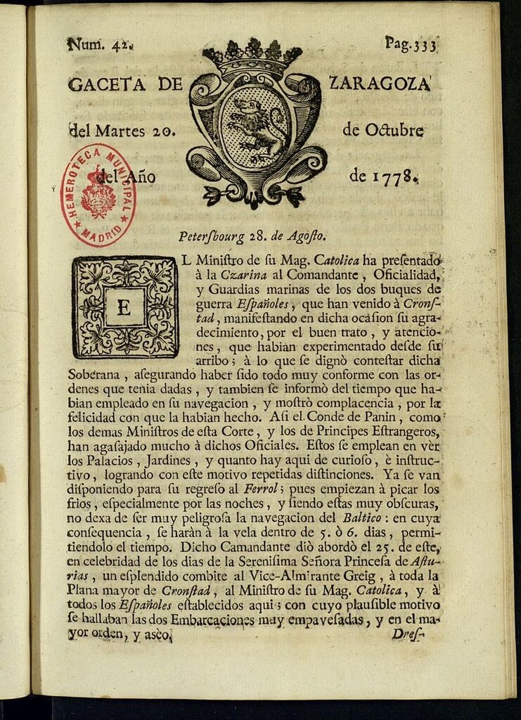 Miniatura de Gazeta de Zaragoza del 20 de octubre de 1778