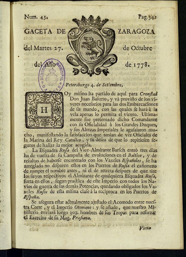 Miniatura de Gazeta de Zaragoza del 27 de octubre de 1778
