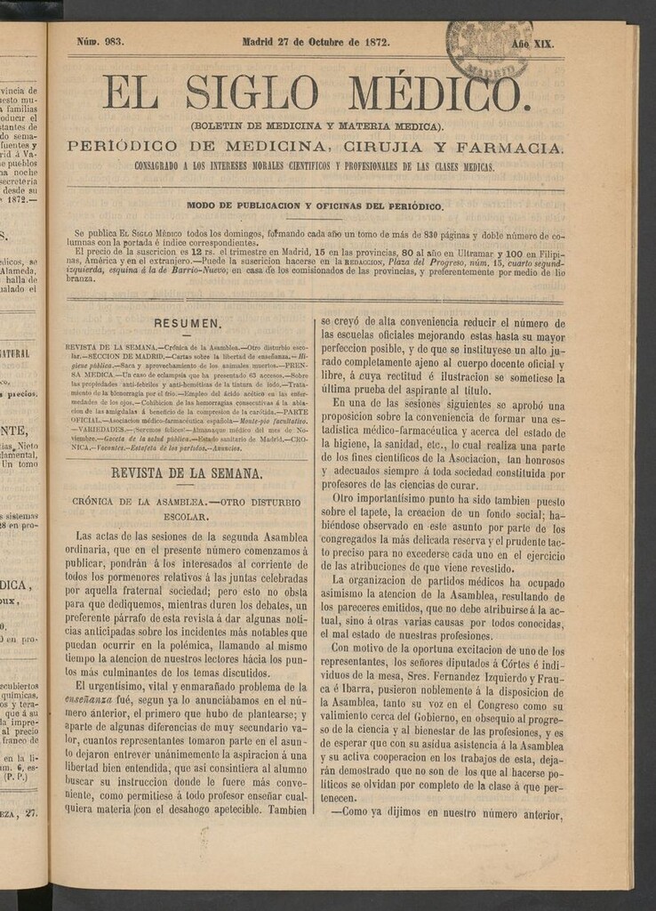 Miniatura de El Siglo Médico: boletín de medicina y gaceta médica del 27 de octubre de 1872