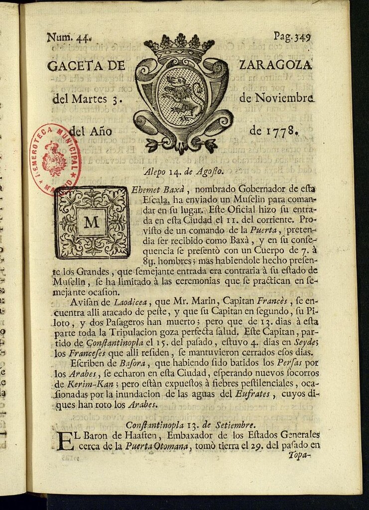 Miniatura de Gazeta de Zaragoza del 3 de noviembre de 1778