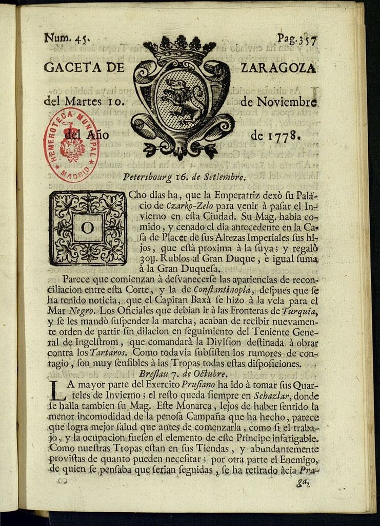 Miniatura de Gazeta de Zaragoza del 10 de noviembre de 1778