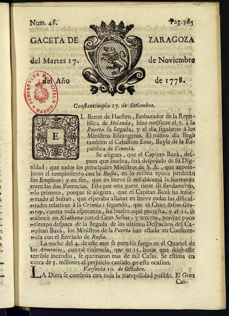 Miniatura de Gazeta de Zaragoza del 17 de noviembre de 1778