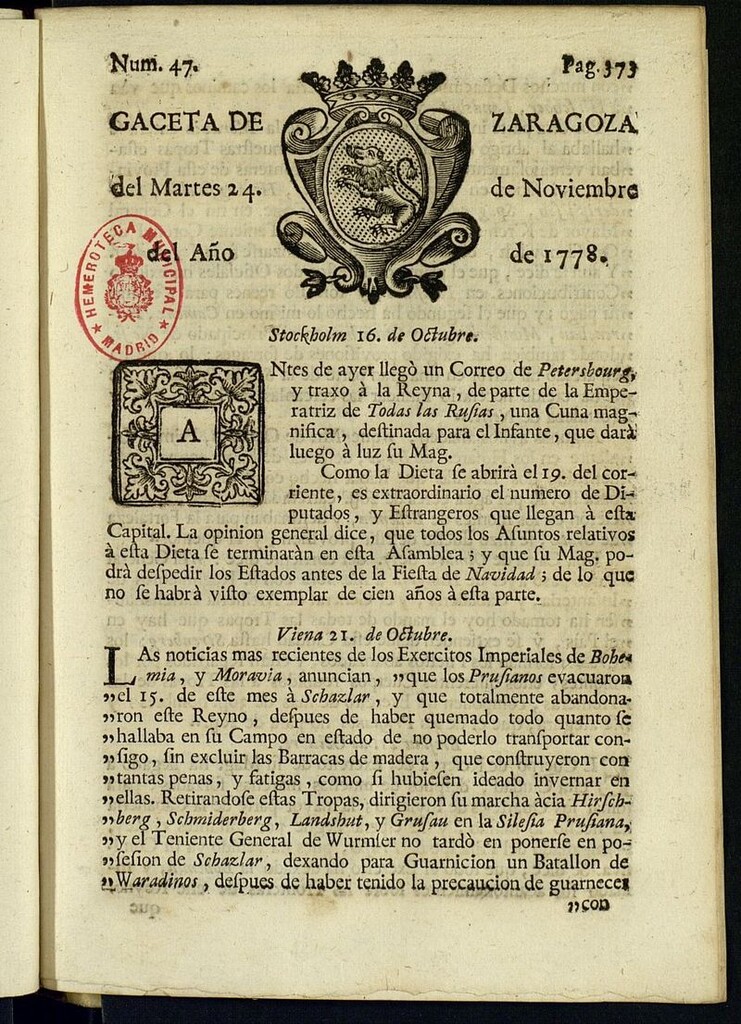 Miniatura de Gazeta de Zaragoza del 24 de noviembre de 1778