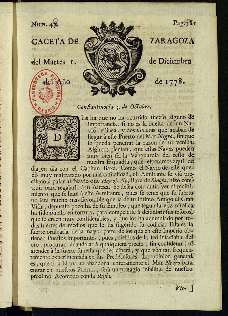Miniatura de Gazeta de Zaragoza del 1 de diciembre de 1778