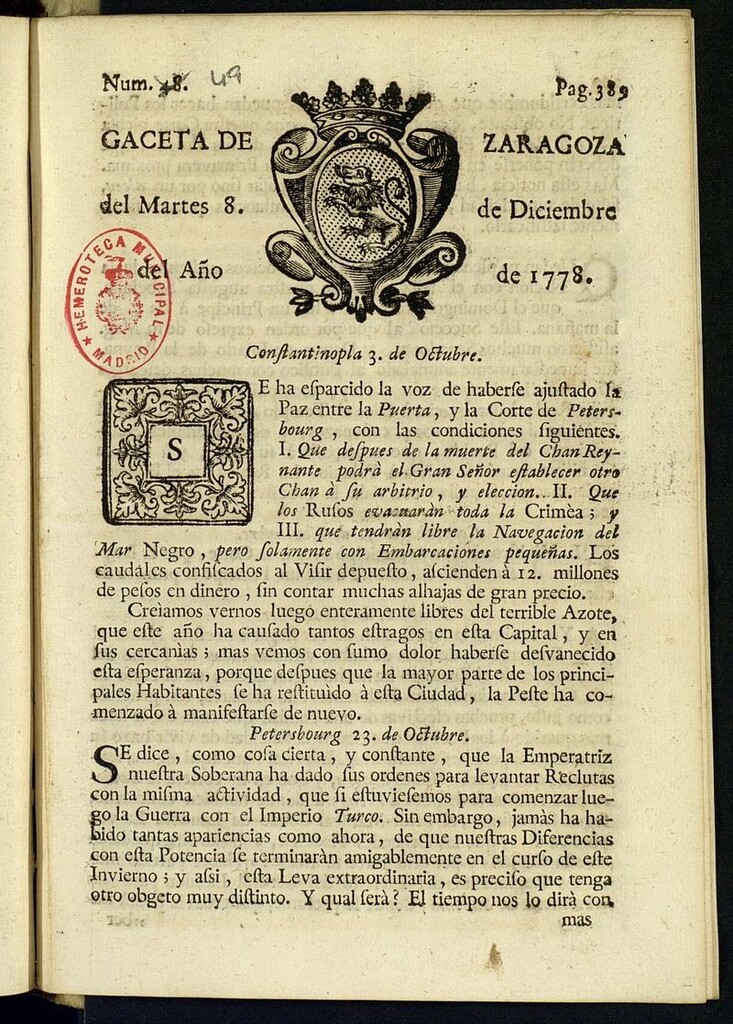Miniatura de Gazeta de Zaragoza del 8 de diciembre de 1778