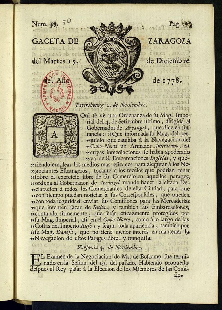 Miniatura de Gazeta de Zaragoza del 15 de diciembre de 1778