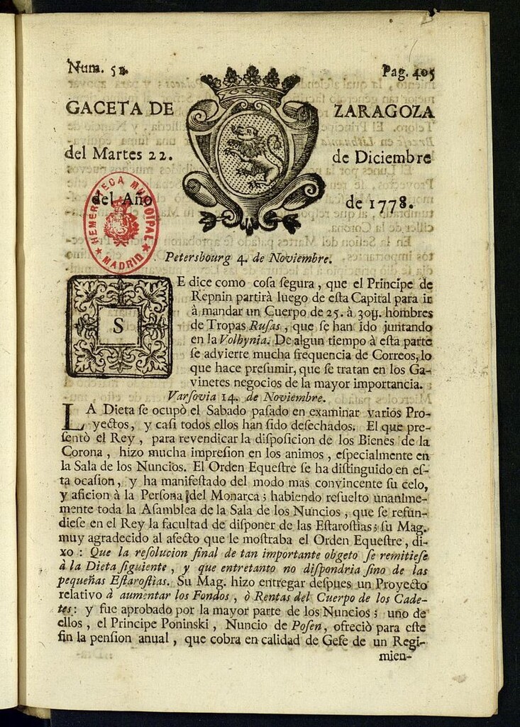 Miniatura de Gazeta de Zaragoza del 22 de diciembre de 1778