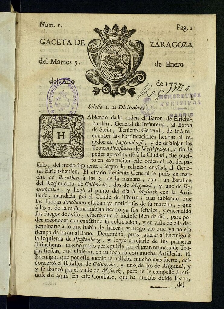 Miniatura de Gazeta de Zaragoza del 5 de enero de 1779