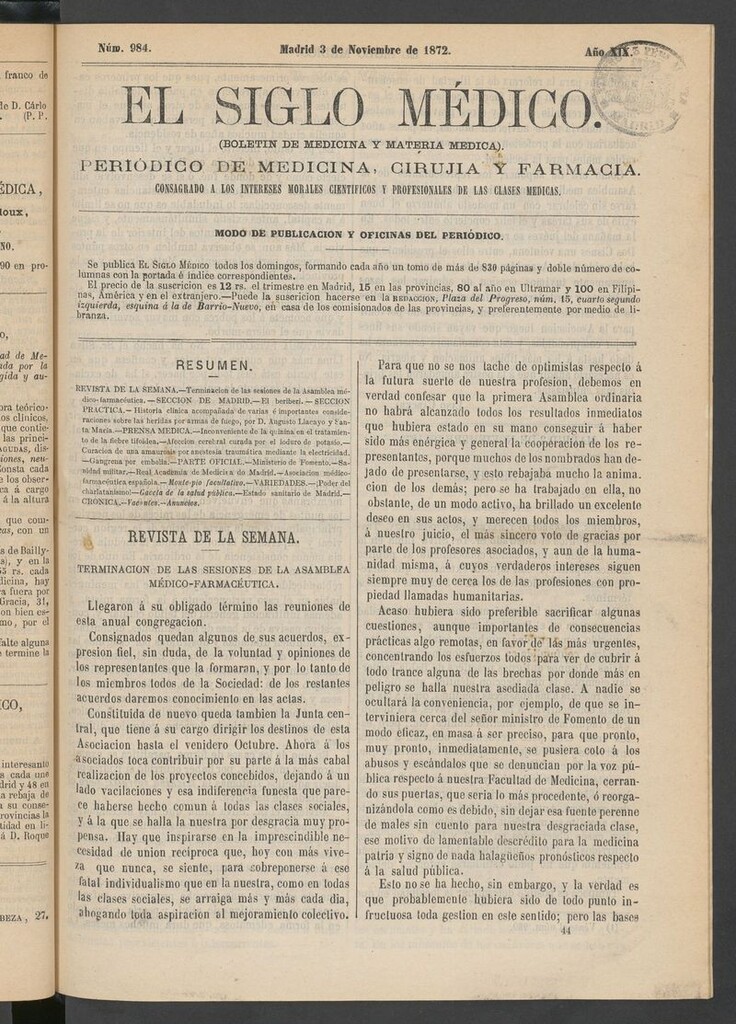 Miniatura de El Siglo Médico: boletín de medicina y gaceta médica del 3 de noviembre de 1872