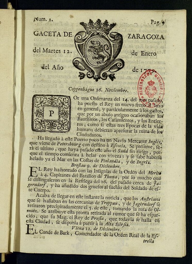 Miniatura de Gazeta de Zaragoza del 12 de enero de 1779
