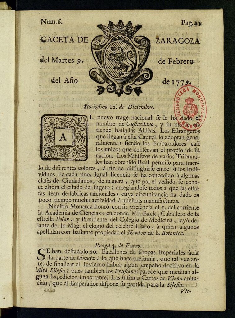 Miniatura de Gazeta de Zaragoza del 9 de febrero de 1779
