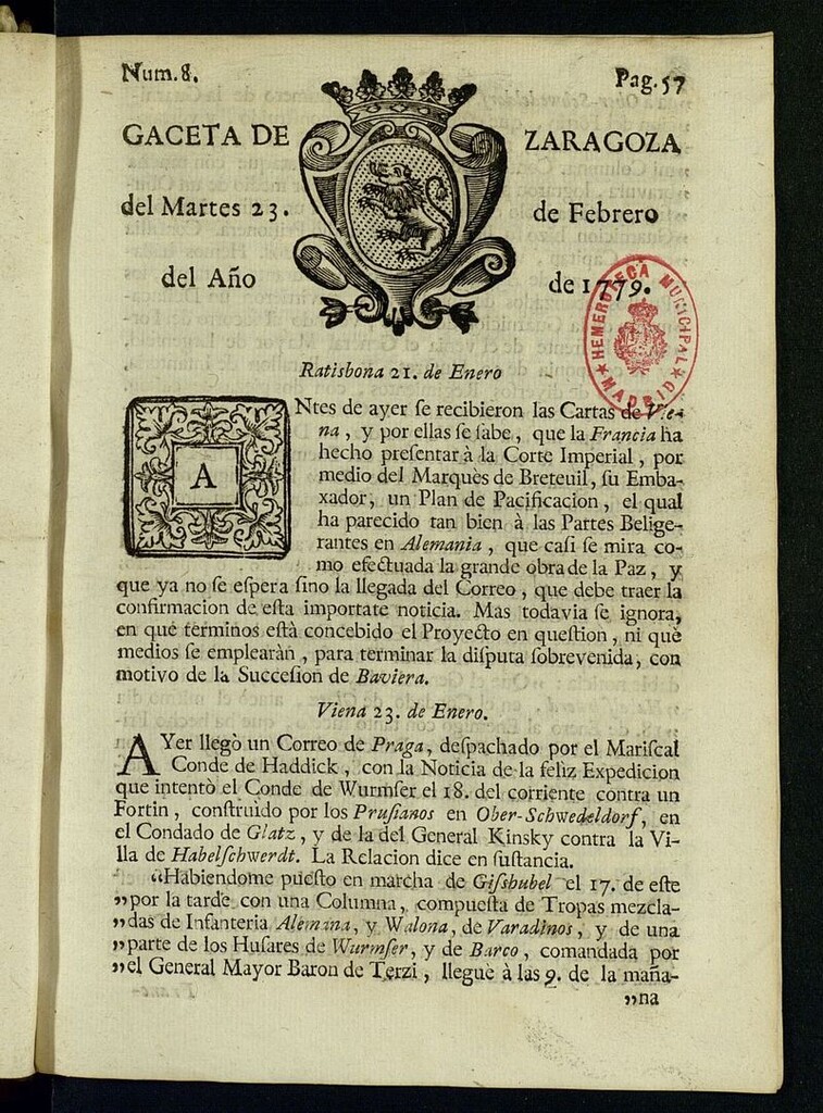 Miniatura de Gazeta de Zaragoza del 23 de febrero de 1779