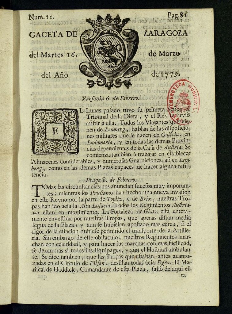 Miniatura de Gazeta de Zaragoza del 16 de marzo de 1779