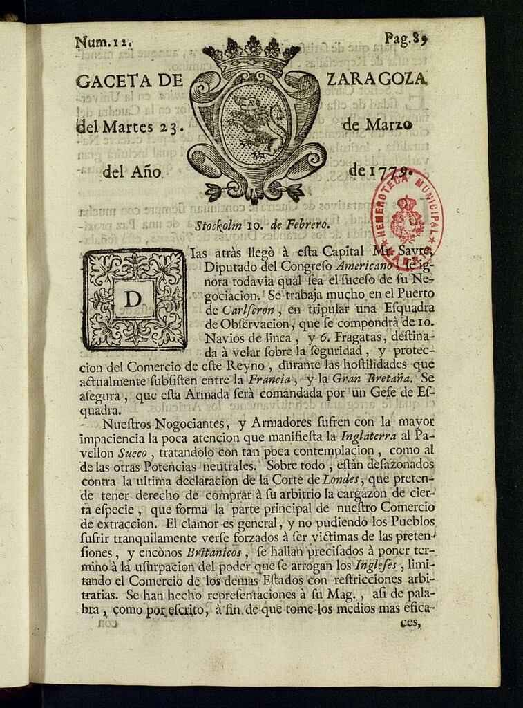 Miniatura de Gazeta de Zaragoza del 23 de marzo de 1779