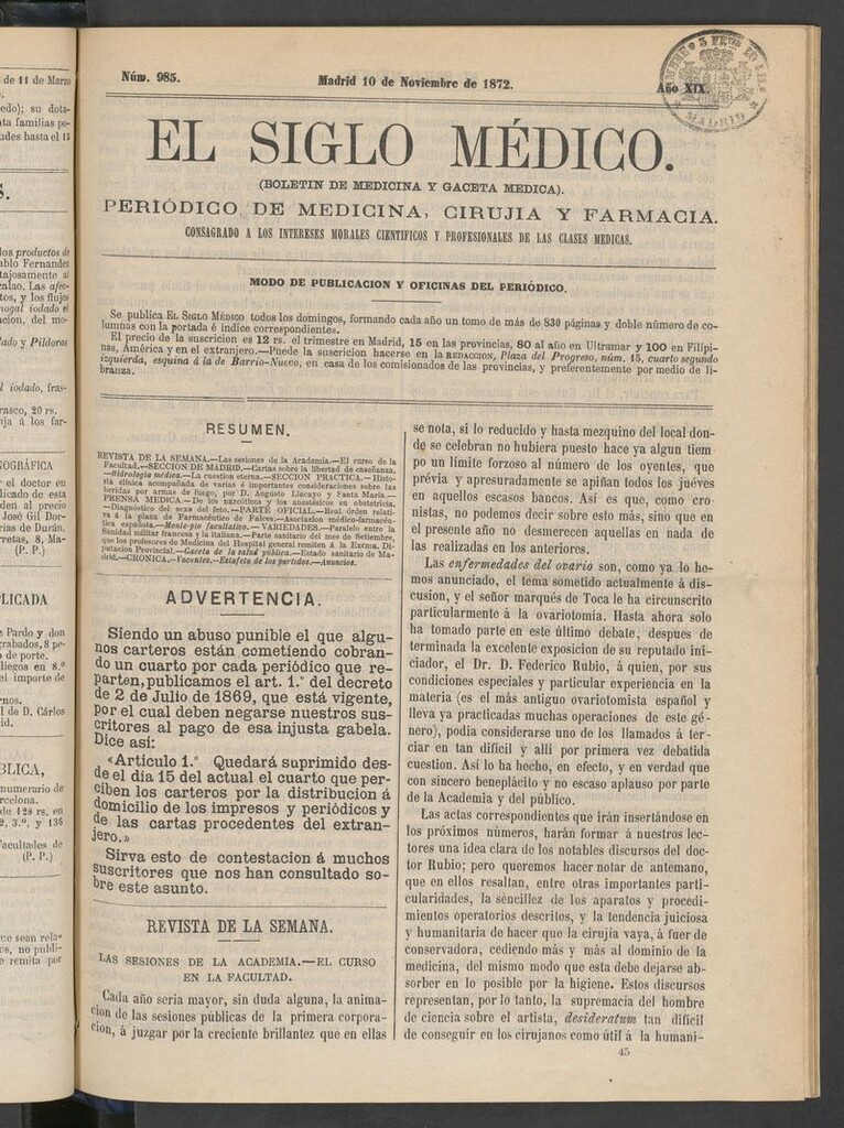 Miniatura de El Siglo Médico: boletín de medicina y gaceta médica del 10 de noviembre de 1872