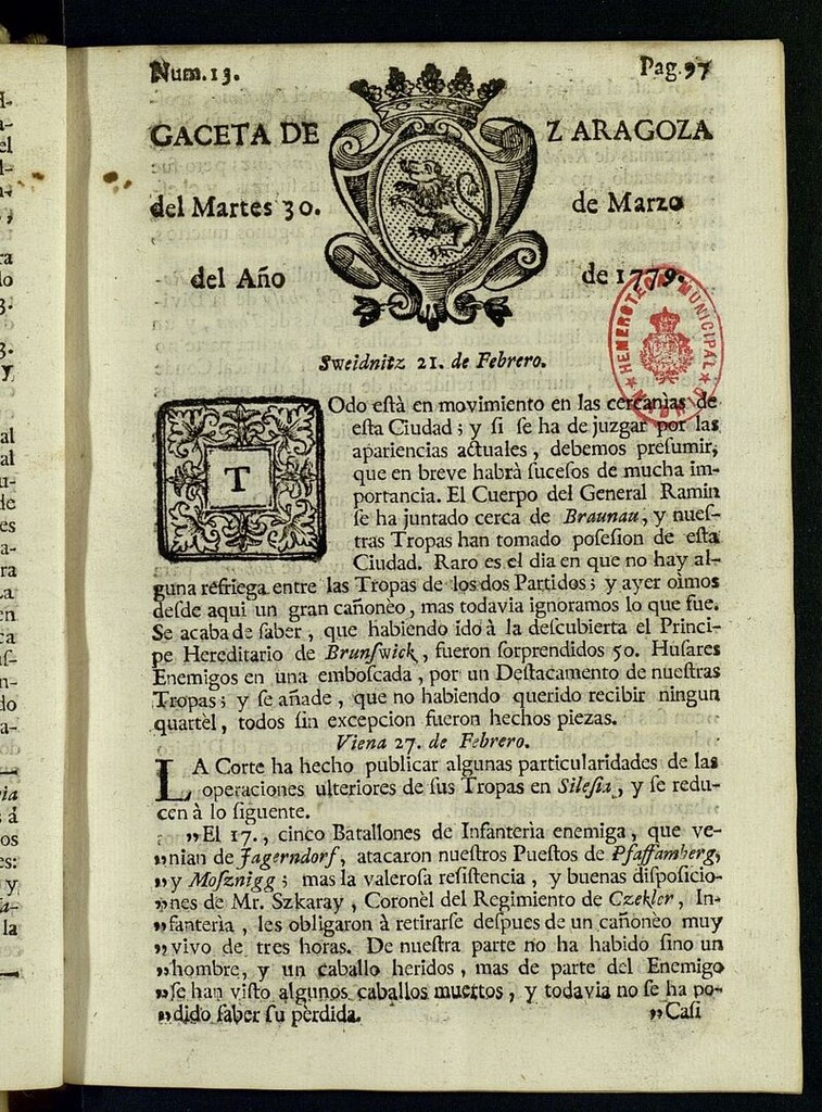 Miniatura de Gazeta de Zaragoza del 30 de marzo de 1779