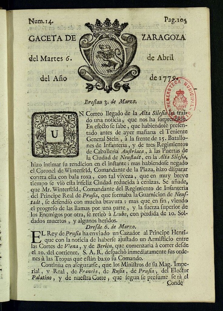 Miniatura de Gazeta de Zaragoza del 6 de abril de 1779