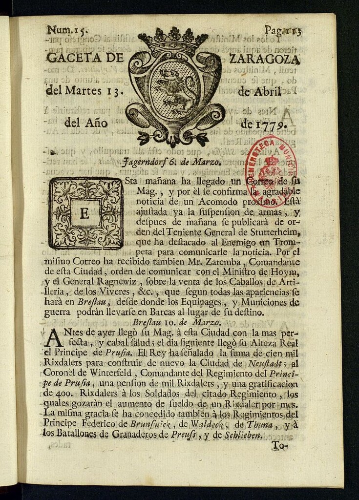Miniatura de Gazeta de Zaragoza del 13 de abril de 1779