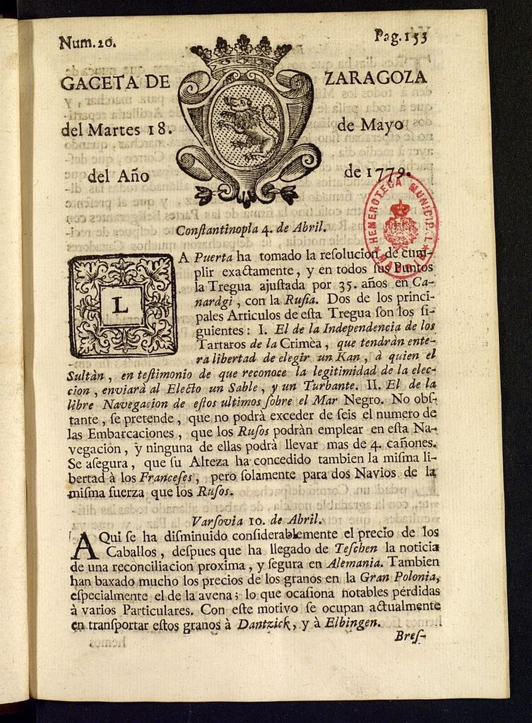 Miniatura de Gazeta de Zaragoza del 18 de mayo de 1779