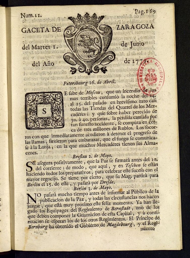 Miniatura de Gazeta de Zaragoza del 1 de junio de 1779