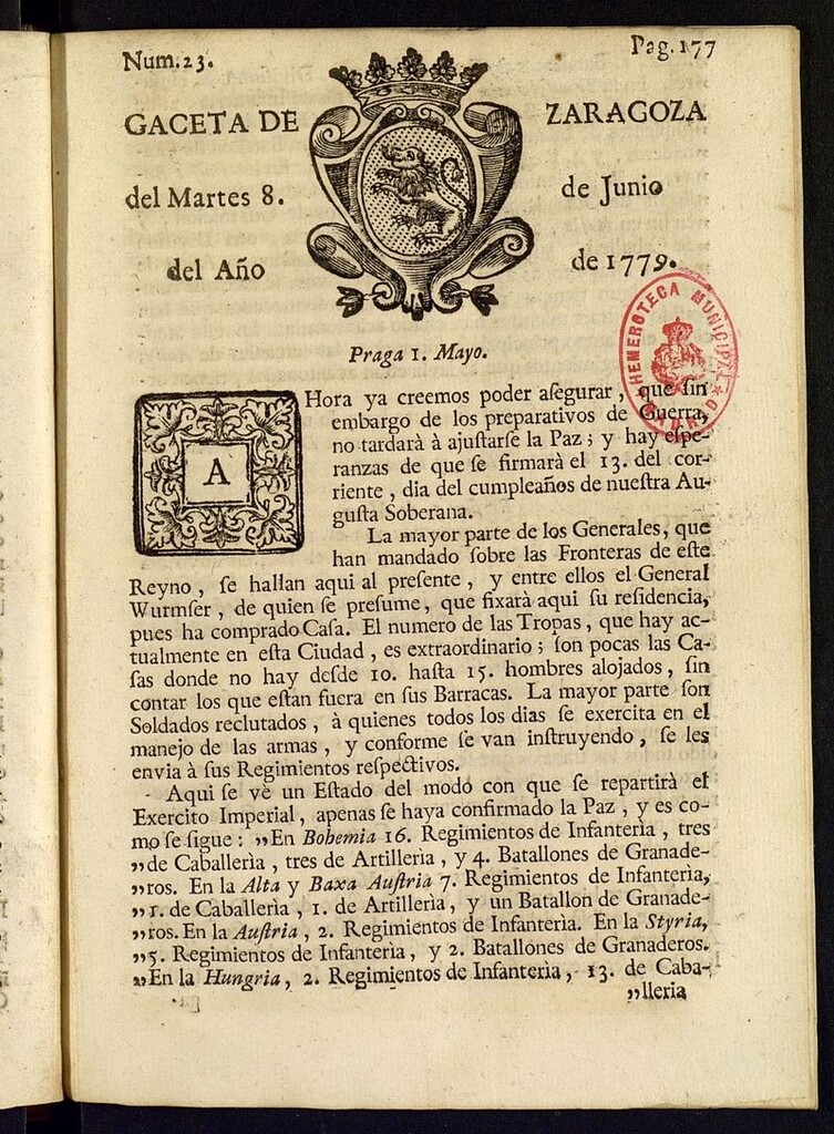 Miniatura de Gazeta de Zaragoza del 8 de junio de 1779