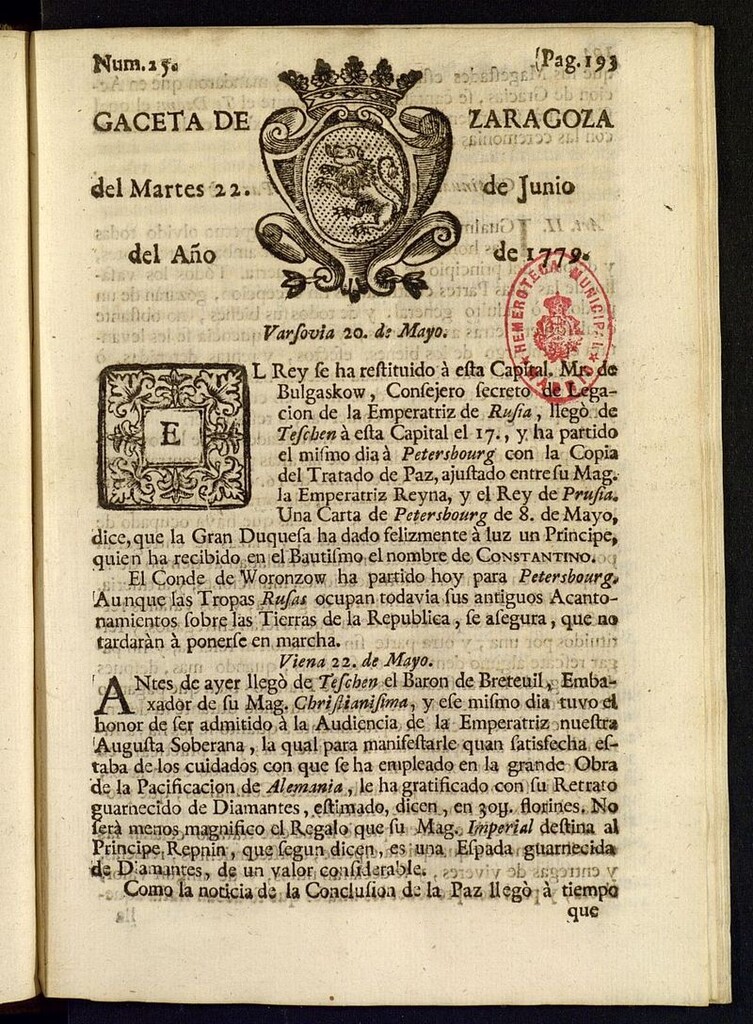Miniatura de Gazeta de Zaragoza del 22 de junio de 1779