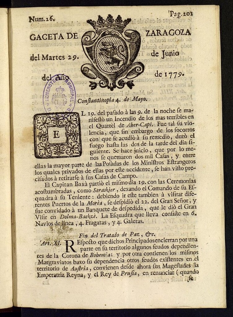 Miniatura de Gazeta de Zaragoza del 29 de junio de 1779
