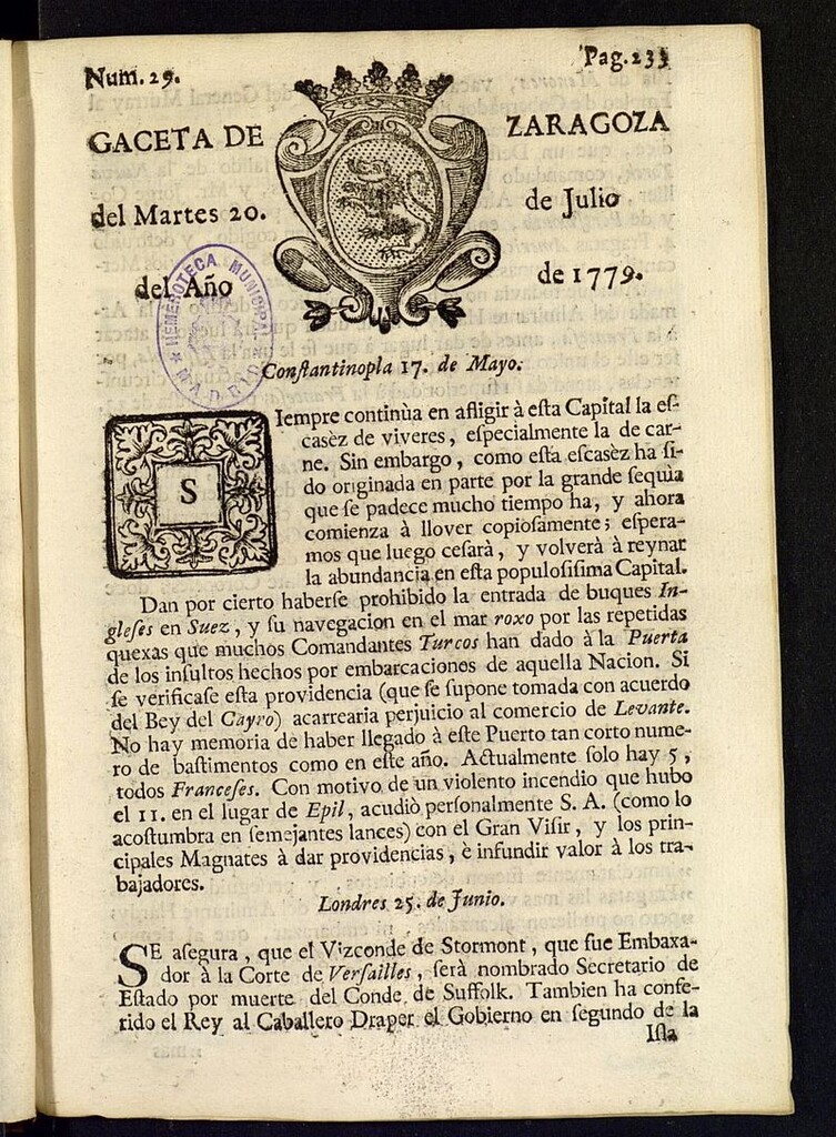 Miniatura de Gazeta de Zaragoza del 20 de julio de 1779