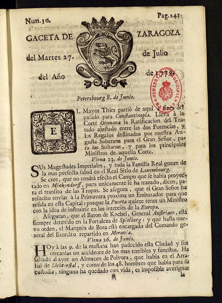 Miniatura de Gazeta de Zaragoza del 27 de julio de 1779