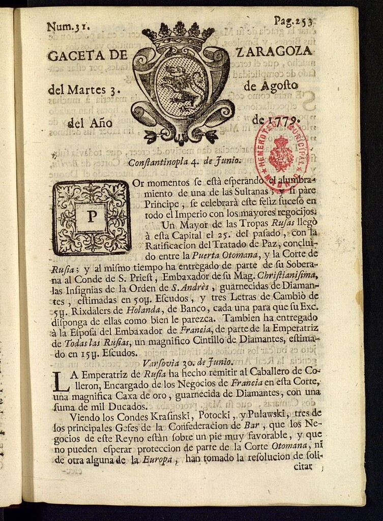 Miniatura de Gazeta de Zaragoza del 3 de agosto de 1779