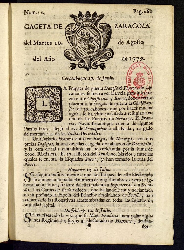 Miniatura de Gazeta de Zaragoza del 10 de agosto de 1779