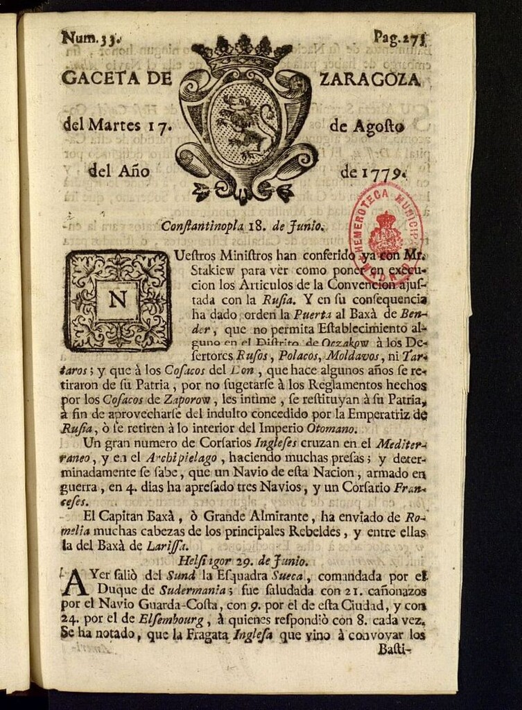 Miniatura de Gazeta de Zaragoza del 17 de agosto de 1779