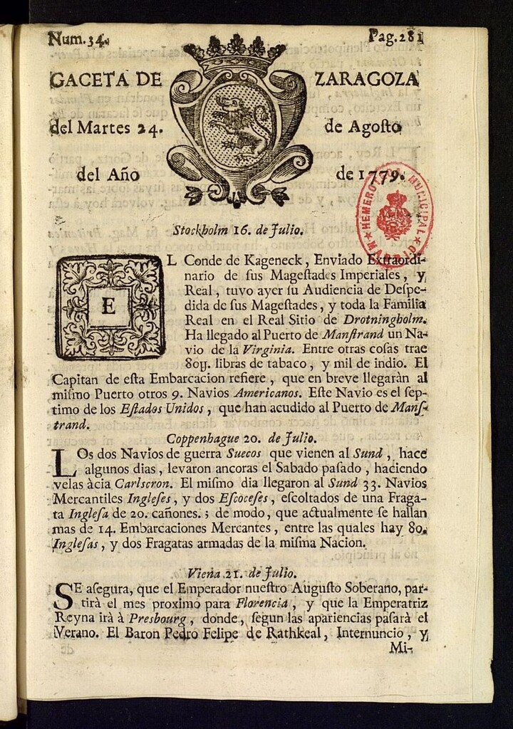 Miniatura de Gazeta de Zaragoza del 24 de agosto de 1779