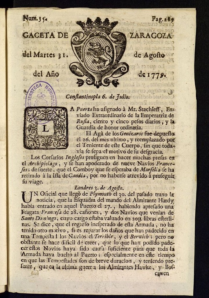 Miniatura de Gazeta de Zaragoza del 31 de agosto de 1779