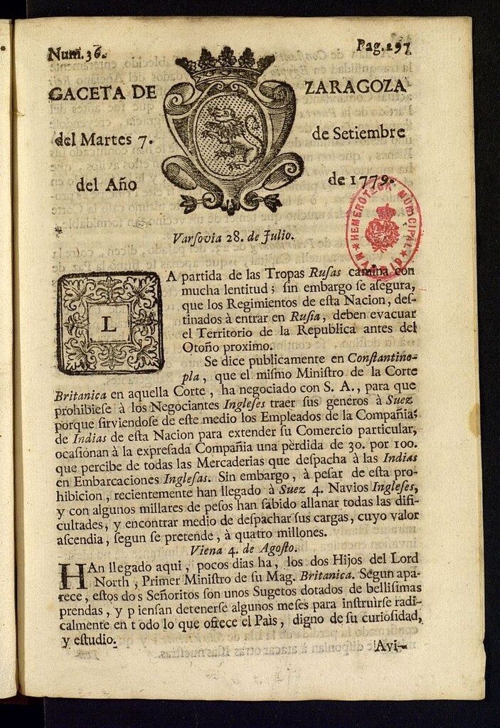 Miniatura de Gazeta de Zaragoza del 7 de septiembre de 1779