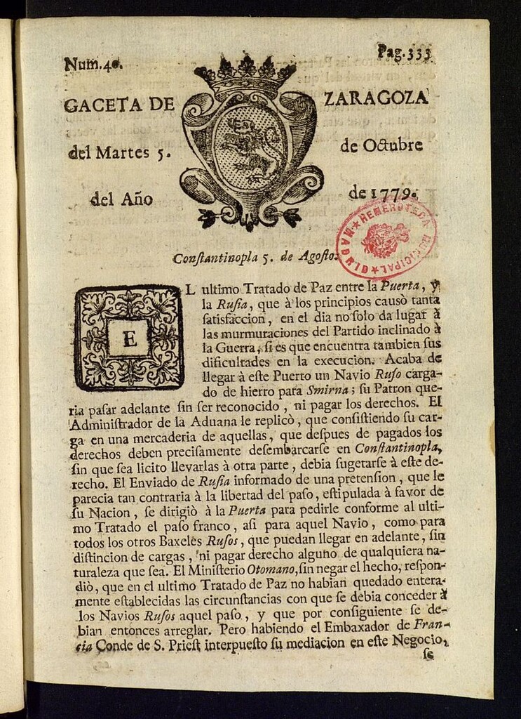 Miniatura de Gazeta de Zaragoza del 5 de octubre de 1779