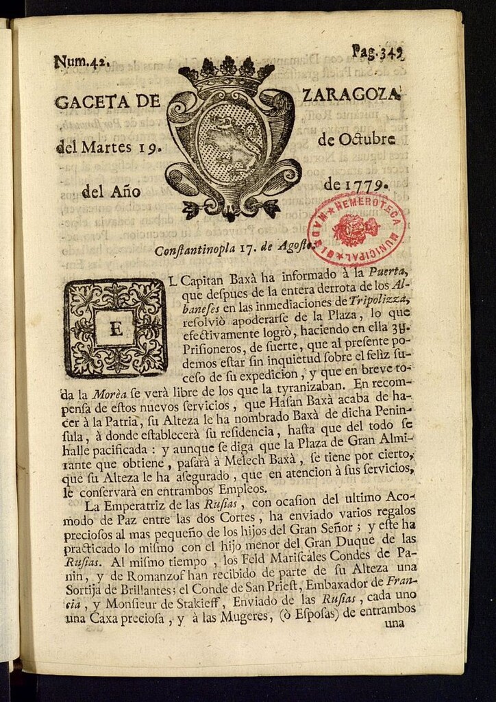 Miniatura de Gazeta de Zaragoza del 19 de octubre de 1779