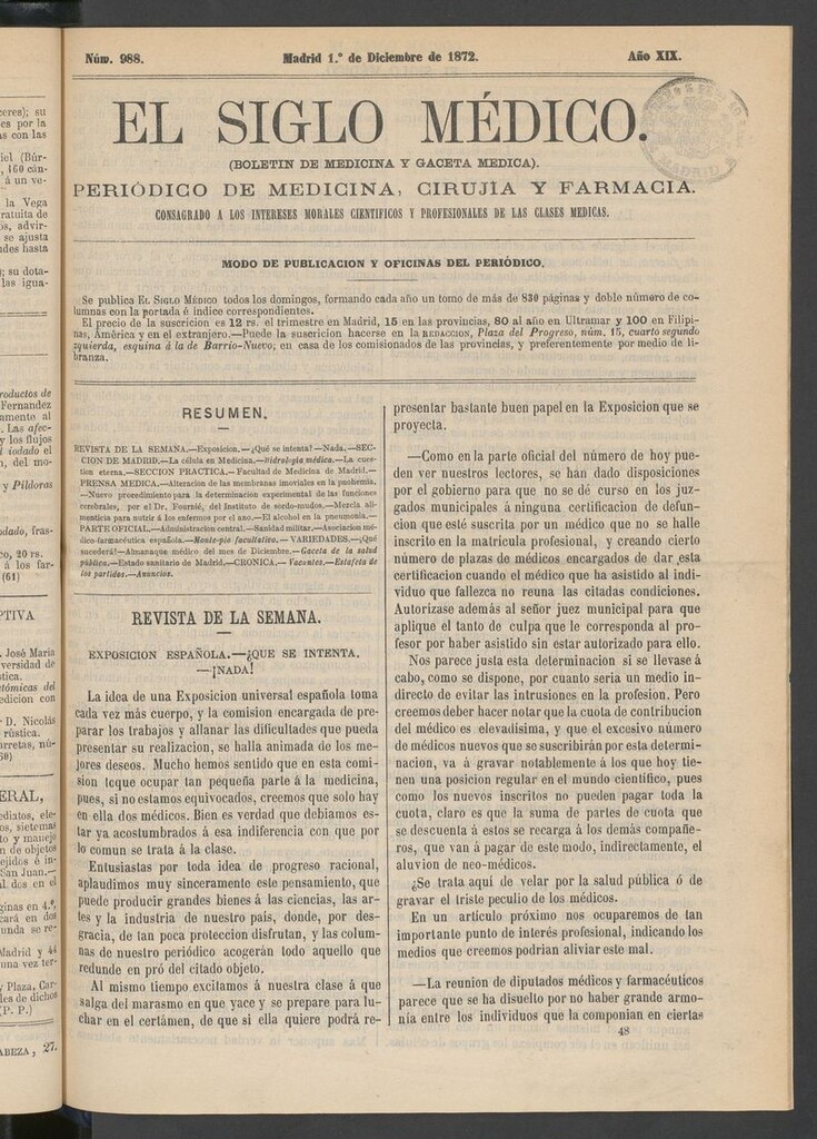 Miniatura de El Siglo Médico: boletín de medicina y gaceta médica del 1 de diciembre de 1872