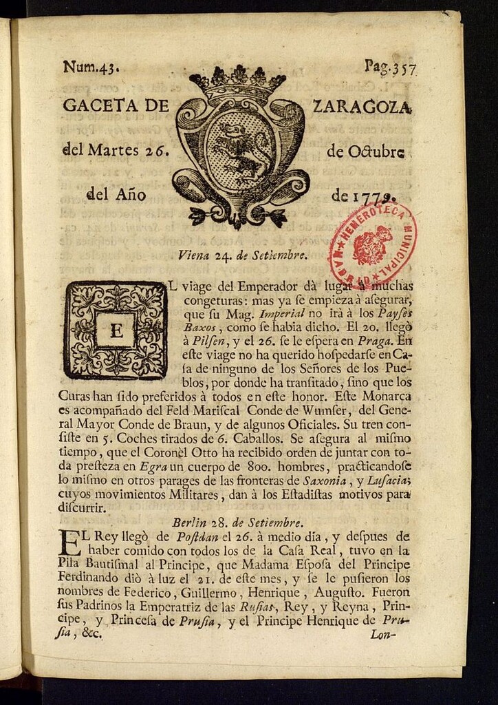 Miniatura de Gazeta de Zaragoza del 26 de octubre de 1779