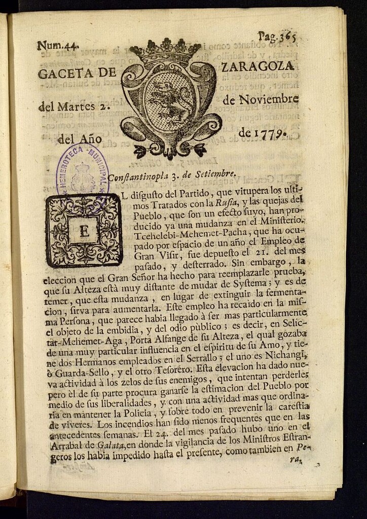 Miniatura de Gazeta de Zaragoza del 2 de noviembre de 1779