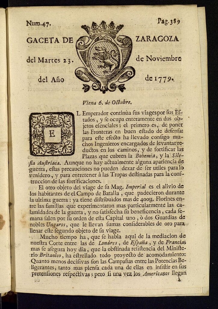 Miniatura de Gazeta de Zaragoza del 23 de noviembre de 1779