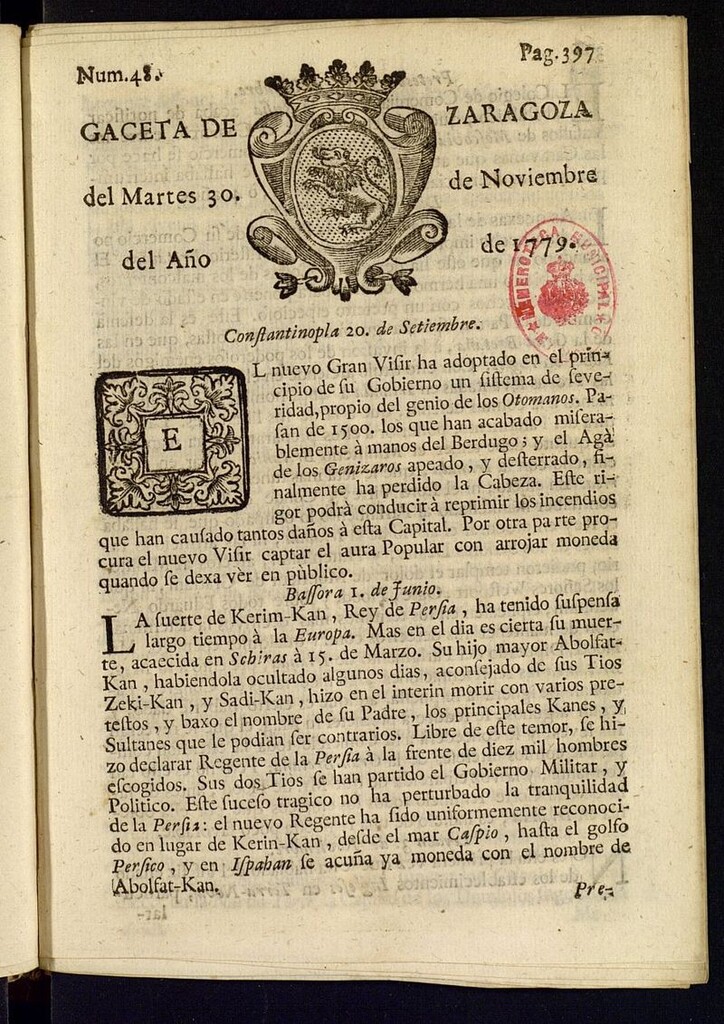 Miniatura de Gazeta de Zaragoza del 30 de noviembre de 1779