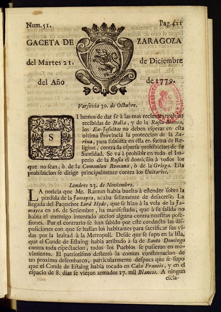 Miniatura de Gazeta de Zaragoza del 21 de diciembre de 1779